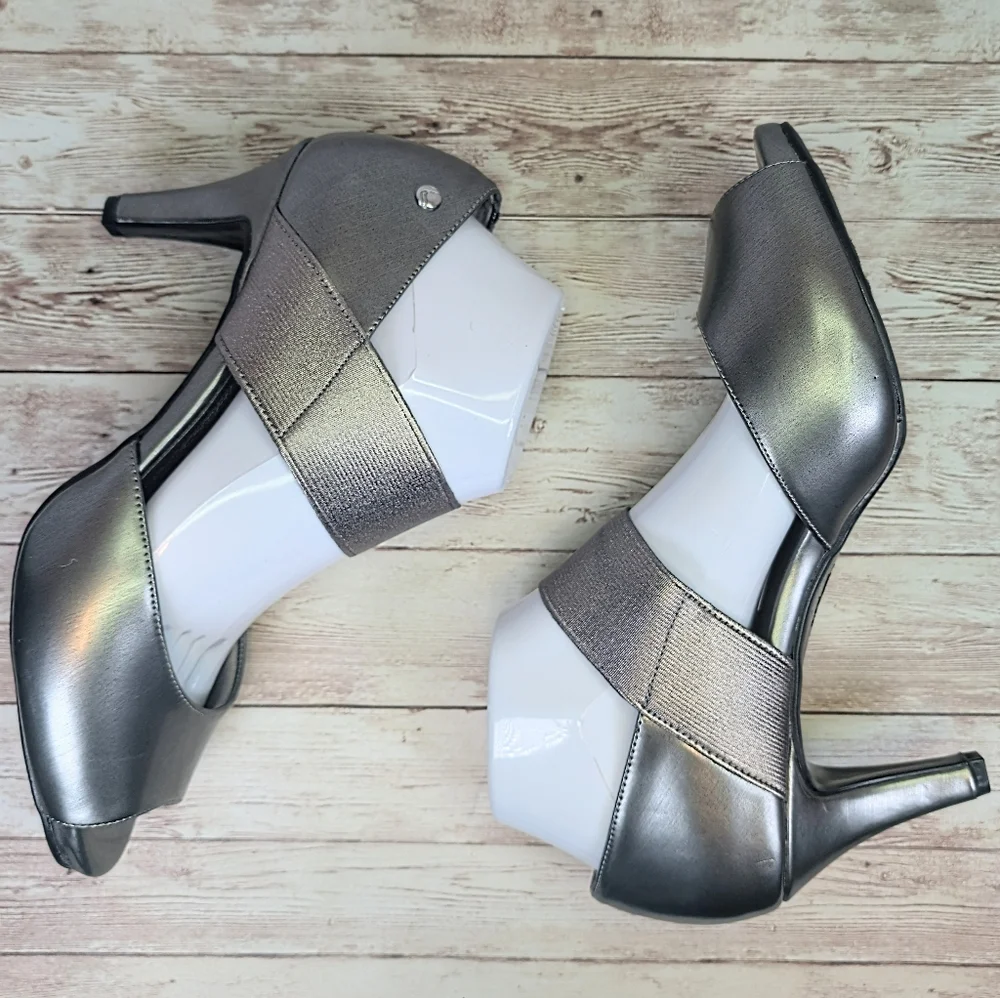 LifeStride Flex Dark Silver Pewter Open Toe Heels Metallic Size 9